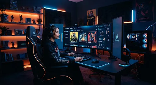 Wide-angle shot of a gamer's room with a multi-monitor setup and orange and blue ambient lighting
