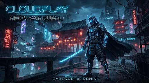 Futuristic samurai-themed game cover with glowing blue neon cybernetic enhancements in a dark cyberpunk aesthetic