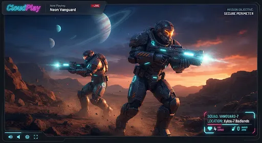 Sci-fi space marine warriors in heavy armored suits holding plasma rifles on a desert planet