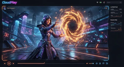 Futuristic fantasy mage character conjuring a swirling portal of orange energy in a tech-infused arena