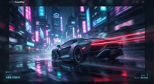 Futuristic hyper-car racing through a neon-lit rain-slicked city at night with motion blur light trails