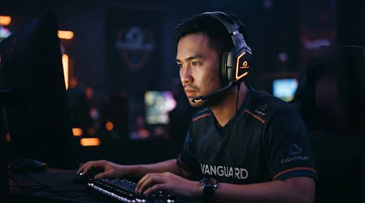 Close-up portrait of a professional gamer wearing a futuristic headset with orange LED lights