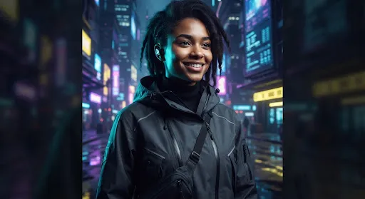 Portrait of a young woman with neon cyan lighting reflecting on her face, smiling confidently