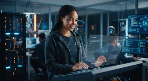 Portrait of a diverse tech professional in a high-tech lab environment with soft blue and orange ambient glows